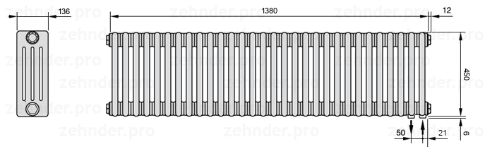 Схема (чертеж) Радиатор Zehnder Charleston 4045/30 №5510 Белый глянцевый RAL 9016